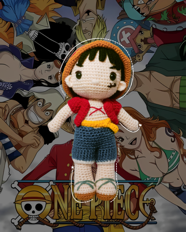 Frontal view of a handmade Straw Hat Luffy crochet doll with his signature scar, red vest, and yellow sash against a One Piece character collage.