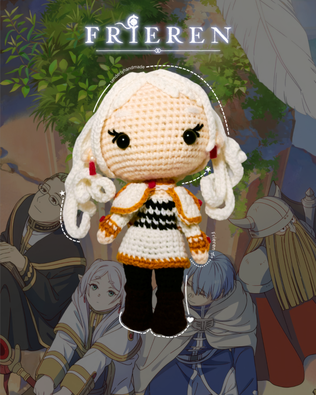 Frontal view of Frieren amigurumi doll with black safety eyes and red earrings centered on a Frieren character collage.