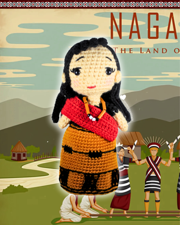 Front view of a Naga traditional doll on a vibrant poster background featuring traditional Naga dancers and architecture.
