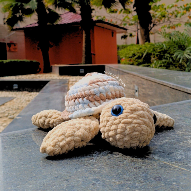 Handmade crochet turtle soft toy by Tenderly Handmade, cute amigurumi plush gift for kids and crochet lovers in India