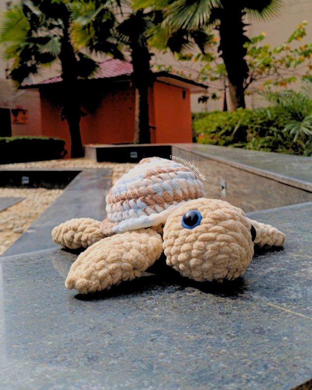 Handmade crochet turtle soft toy by Tenderly Handmade, cute amigurumi plush gift for kids and crochet lovers in India
