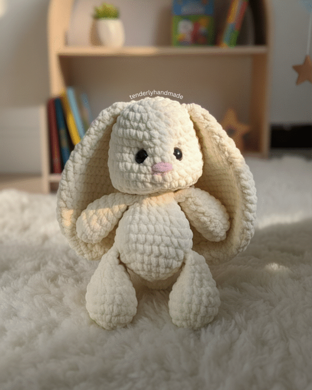 Portrait view of a standing crochet bunny plushie with oversized floppy ears on a white shag carpet.