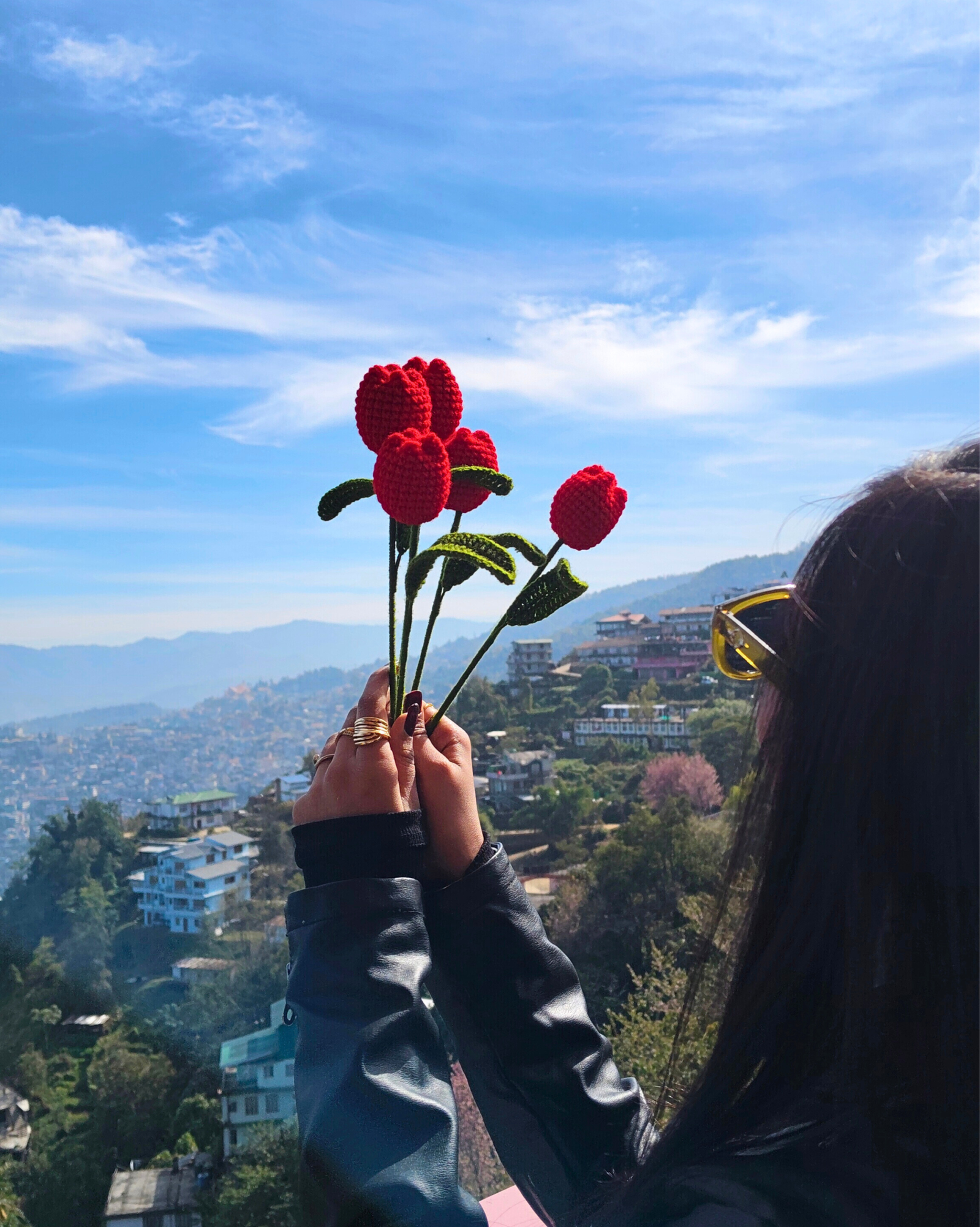 handmade red crochet tulip flower single stem