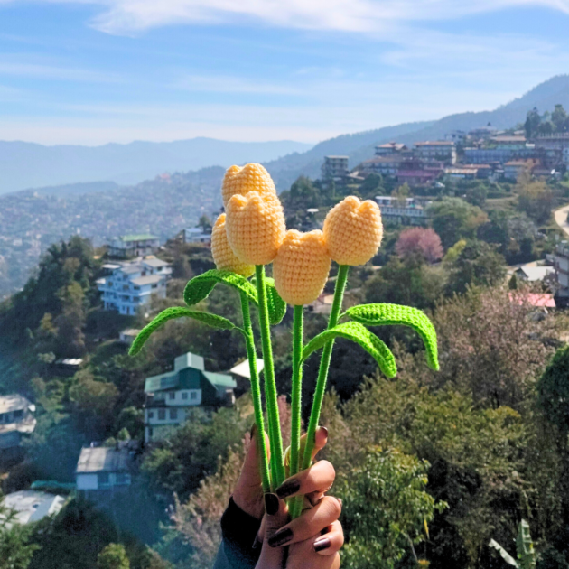 single yellow crochet tulip yarn flower