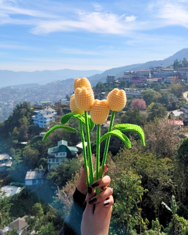 single yellow crochet tulip yarn flower