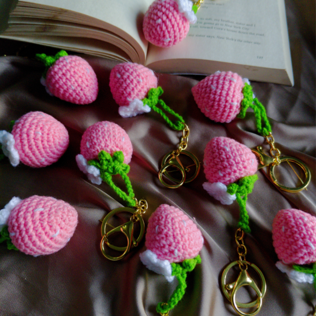 Mini crochet strawberry keychain handcrafted with love, cute aesthetic handmade gift from Tenderly Handmade India