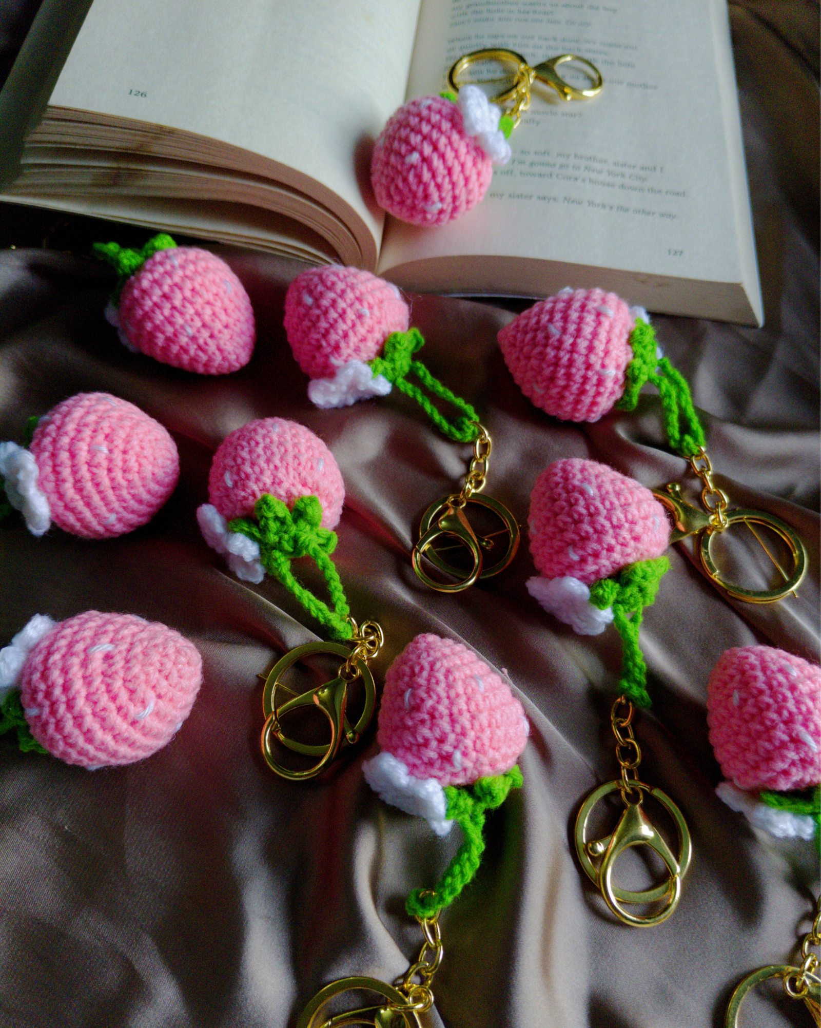 Mini crochet strawberry keychain handcrafted with love, cute aesthetic handmade gift from Tenderly Handmade India
