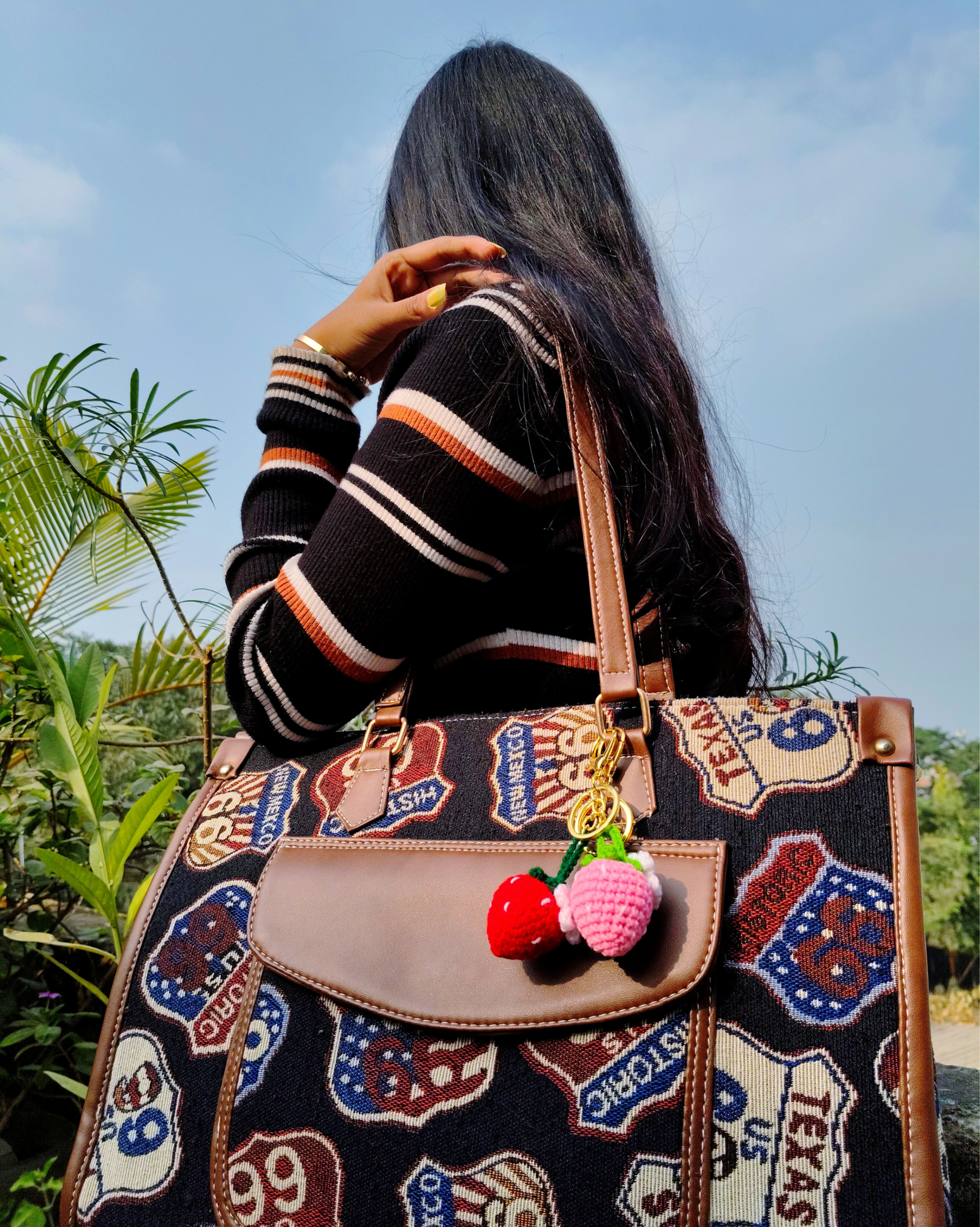 Handmade crochet strawberry keychain attached to bag, cute aesthetic yarn keyring charm, handmade gift accessory India