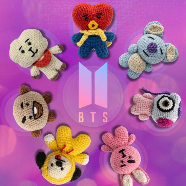 A complete set of seven handmade BT21 crochet plushies including Tata, RJ, Chimmy, Cooky, Koya, Mang, and Shooky arranged around a BTS logo.