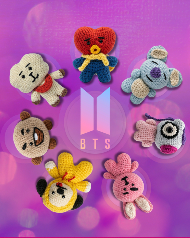 A complete set of seven handmade BT21 crochet plushies including Tata, RJ, Chimmy, Cooky, Koya, Mang, and Shooky arranged around a BTS logo.
