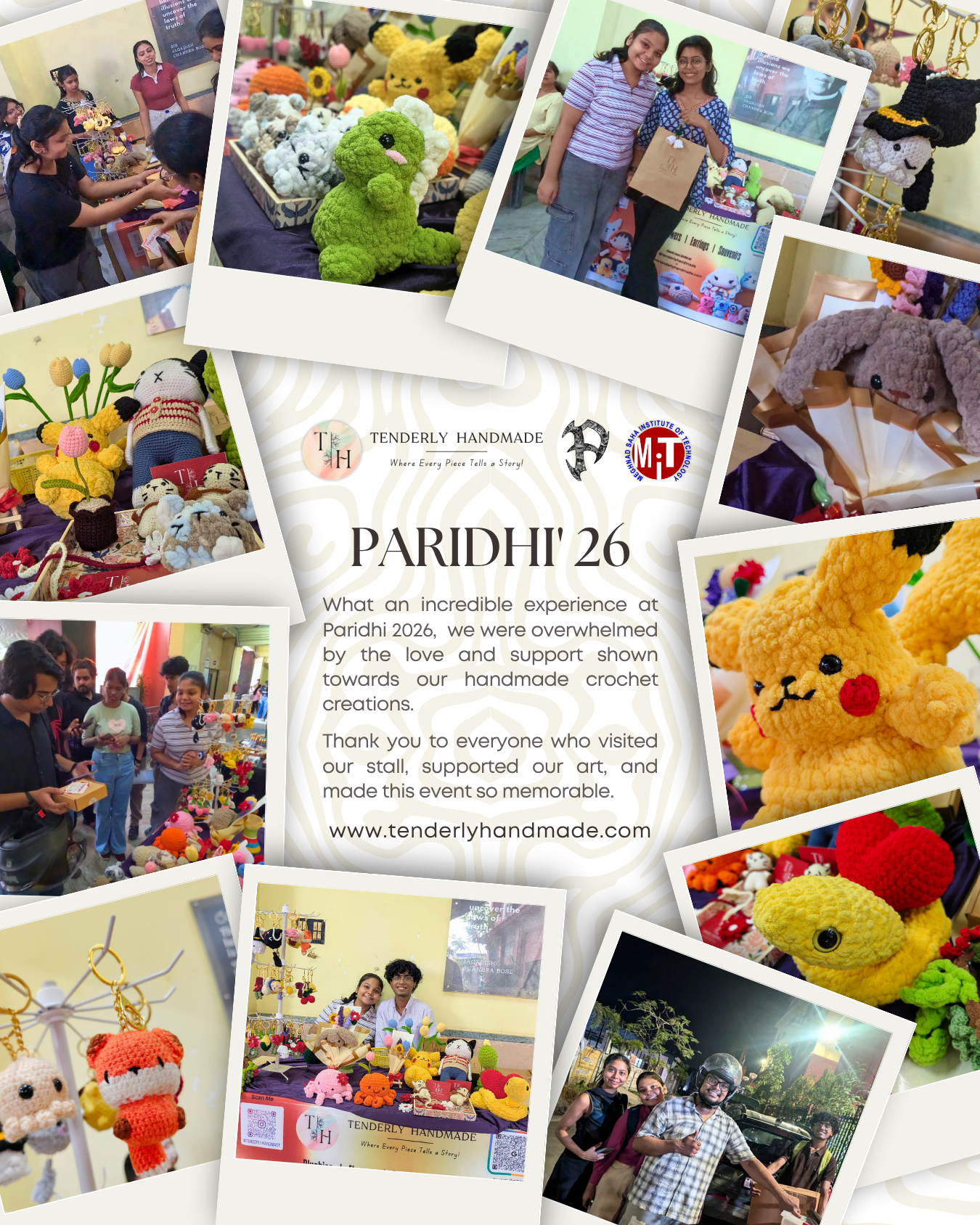 Two team members of Tenderly Handmade smiling and holding a branded paper gift bag in front of a crochet exhibition stall displaying plush toys and souvenirs at Meghnad Saha Institute of Technology.