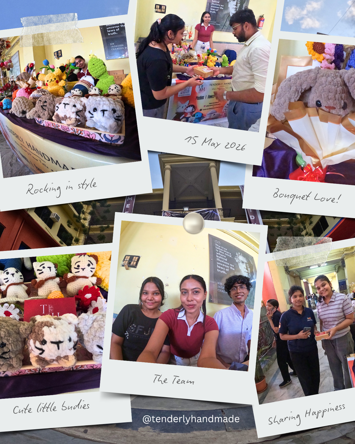 A beautifully compiled graphic collage with a central text reading Paridhi 2026, showcasing assorted polaroid shots of crochet dinosaurs, Pikachu, bouquets, keychains, and the team.