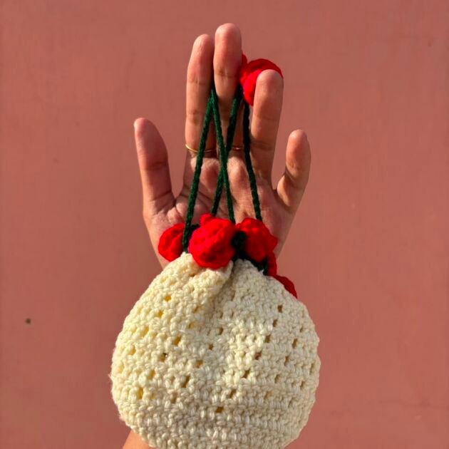Rosette Hand-Crochet Drawstring Potli Bag