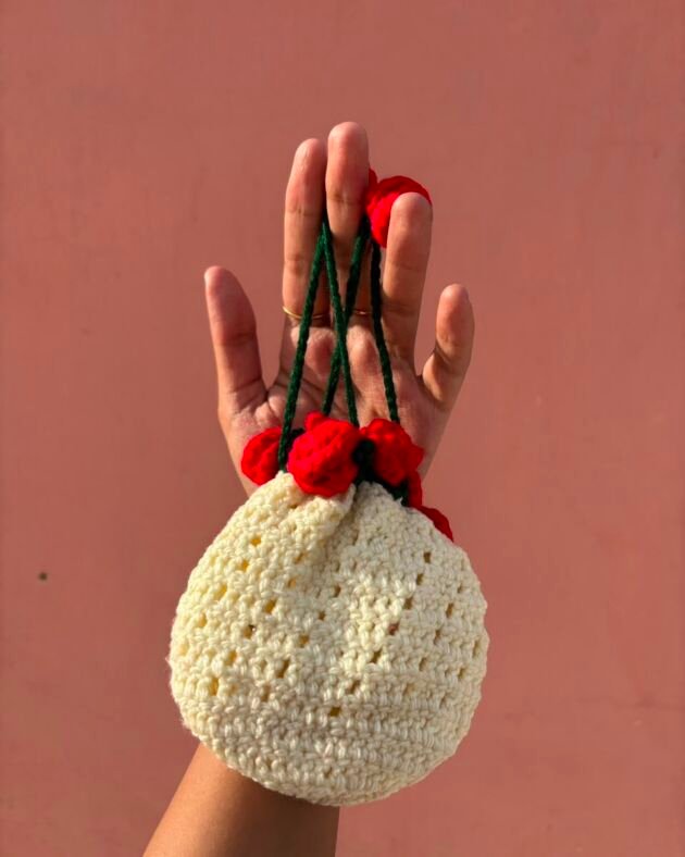 Rosette Hand-Crochet Drawstring Potli Bag