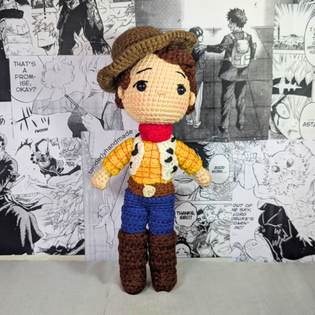 Handmade woody toy story crochet figurine by Tenderly Handmade