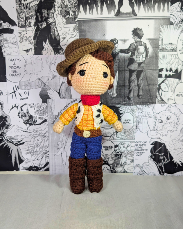 Handmade woody toy story crochet figurine by Tenderly Handmade